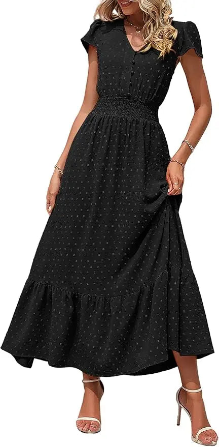 Dotty™ | Women's Swiss Dot Smocked Maxi Dress – V-Neck Short Sleeve Tiered Ruffle Boho Beach Dress oaklynwear