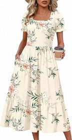 Puff™ | Women's Tiered Midi Dress with Pockets – Square Neck Puff Sleeve Flowy Beach Sundress oaklynwear