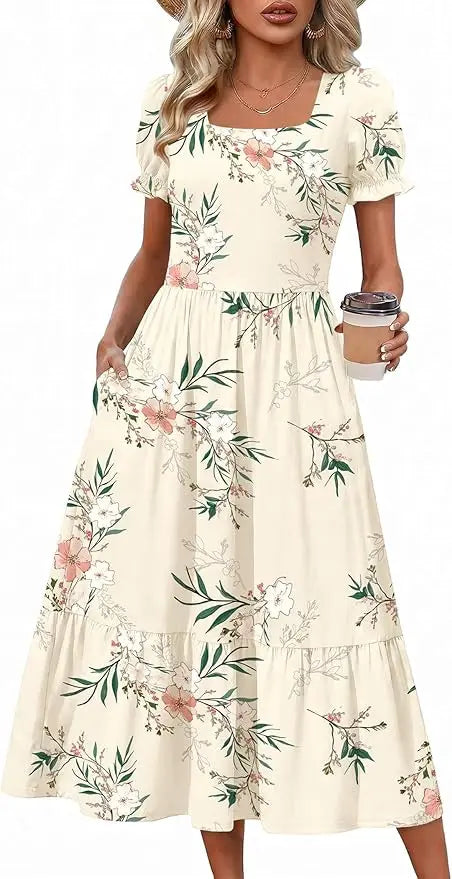 Puff™ | Women's Tiered Midi Dress with Pockets – Square Neck Puff Sleeve Flowy Beach Sundress oaklynwear