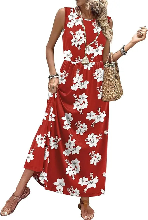 Penny™ | Women's Flowy A-Line Maxi Dress with Pockets – Elastic Waist Sleeveless Beach Sundress oaklynwear