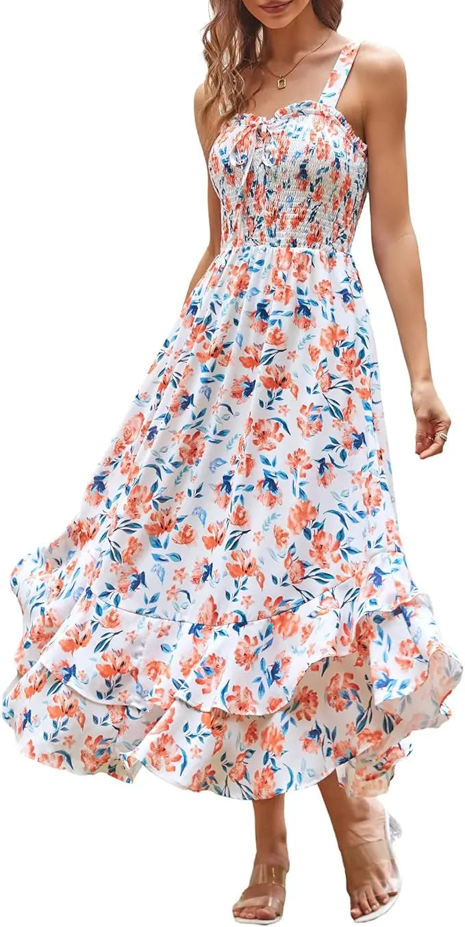 Sway™ | Women's Floral Smocked Maxi Dress – Square Neck Adjustable Strap Tiered Ruffle Beach Sundress oaklynwear
