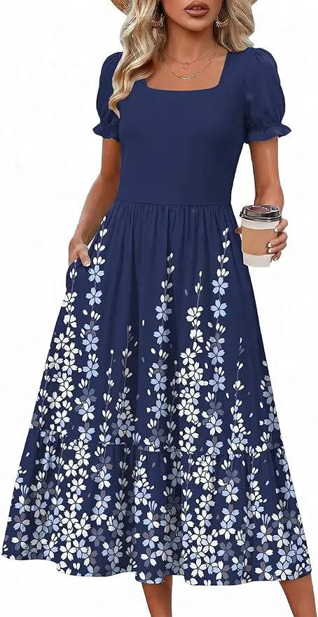 Puff™ | Women's Tiered Midi Dress with Pockets – Square Neck Puff Sleeve Flowy Beach Sundress oaklynwear