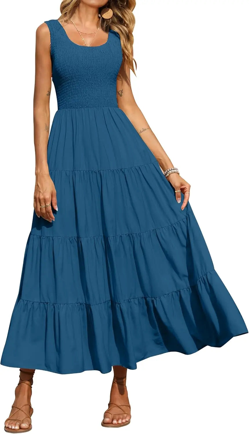 Tiara™ | Women's Smocked Tank Tiered Maxi Dress – Sleeveless Flowy A-Line Beach Sundress oaklynwear