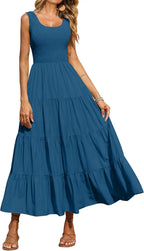 Tiara™ | Women's Smocked Tank Tiered Maxi Dress – Sleeveless Flowy A-Line Beach Sundress oaklynwear