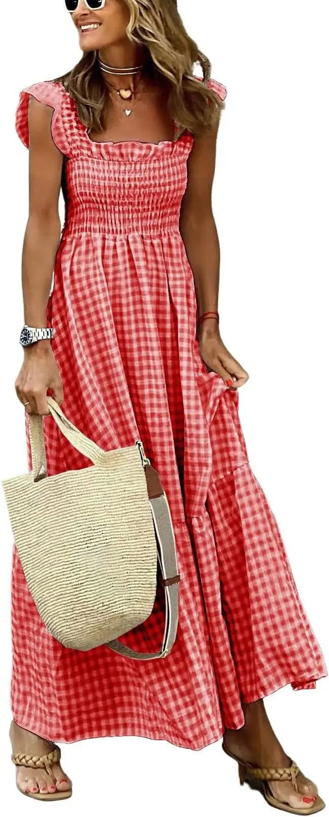Plaid™ | Women's Retro Smocked Plaid Maxi Dress with Pockets – Spaghetti Strap Flounce A-Line Dress oaklynwear