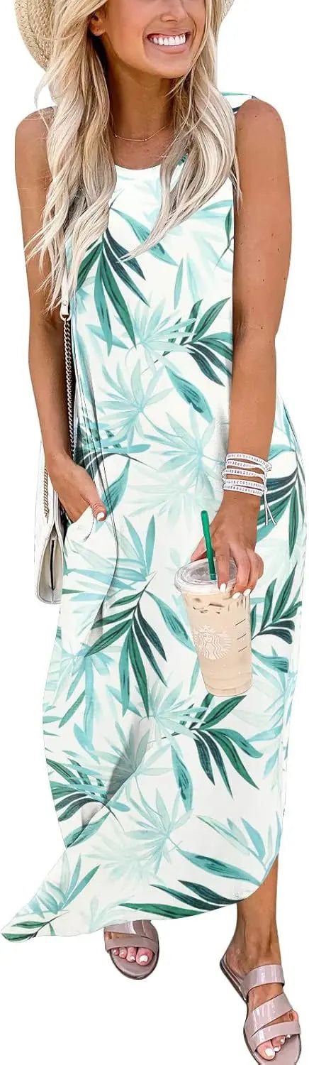 Mavi™ | Women's Sleeveless Maxi Dress – Loose Fit Side Slit Beach Vacation Sundress oaklynwear