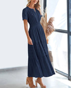 Fable™ | Women's Tiered Boho Maxi Dress with Pockets – V-Neck Short Sleeve Elastic Waist Beach Dress oaklynwear