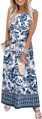 Penny™ | Women's Flowy A-Line Maxi Dress with Pockets – Elastic Waist Sleeveless Beach Sundress oaklynwear