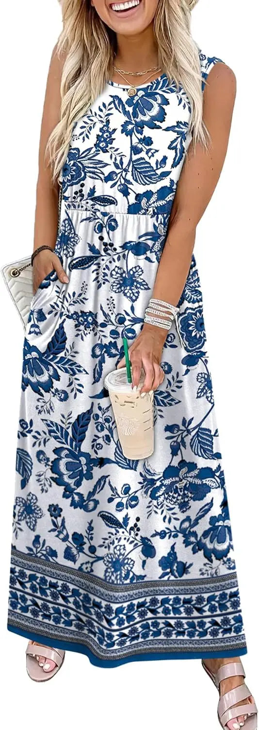 Penny™ | Women's Flowy A-Line Maxi Dress with Pockets – Elastic Waist Sleeveless Beach Sundress oaklynwear