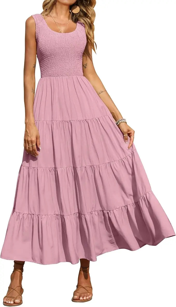 Tiara™ | Women's Smocked Tank Tiered Maxi Dress – Sleeveless Flowy A-Line Beach Sundress oaklynwear