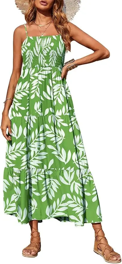 Cami™ | Women's Smocked Tiered Maxi Dress – Spaghetti Strap Elastic Waist Flowy Boho Beach Sundress oaklynwear