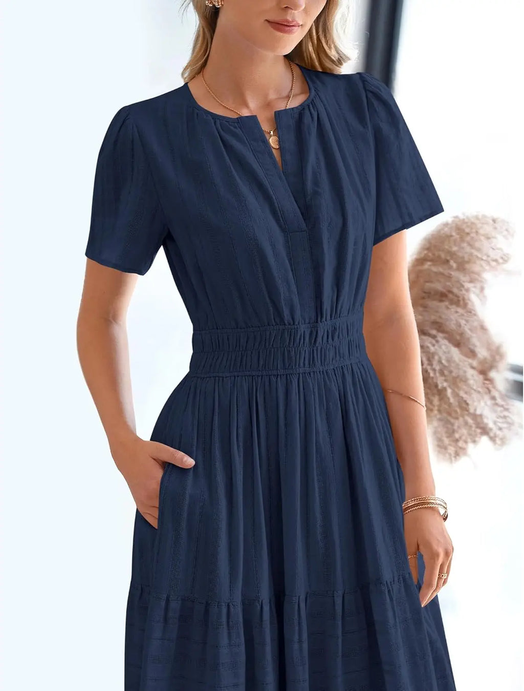 Fable™ | Women's Tiered Boho Maxi Dress with Pockets – V-Neck Short Sleeve Elastic Waist Beach Dress oaklynwear