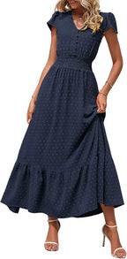Dotty™ | Women's Swiss Dot Smocked Maxi Dress – V-Neck Short Sleeve Tiered Ruffle Boho Beach Dress oaklynwear