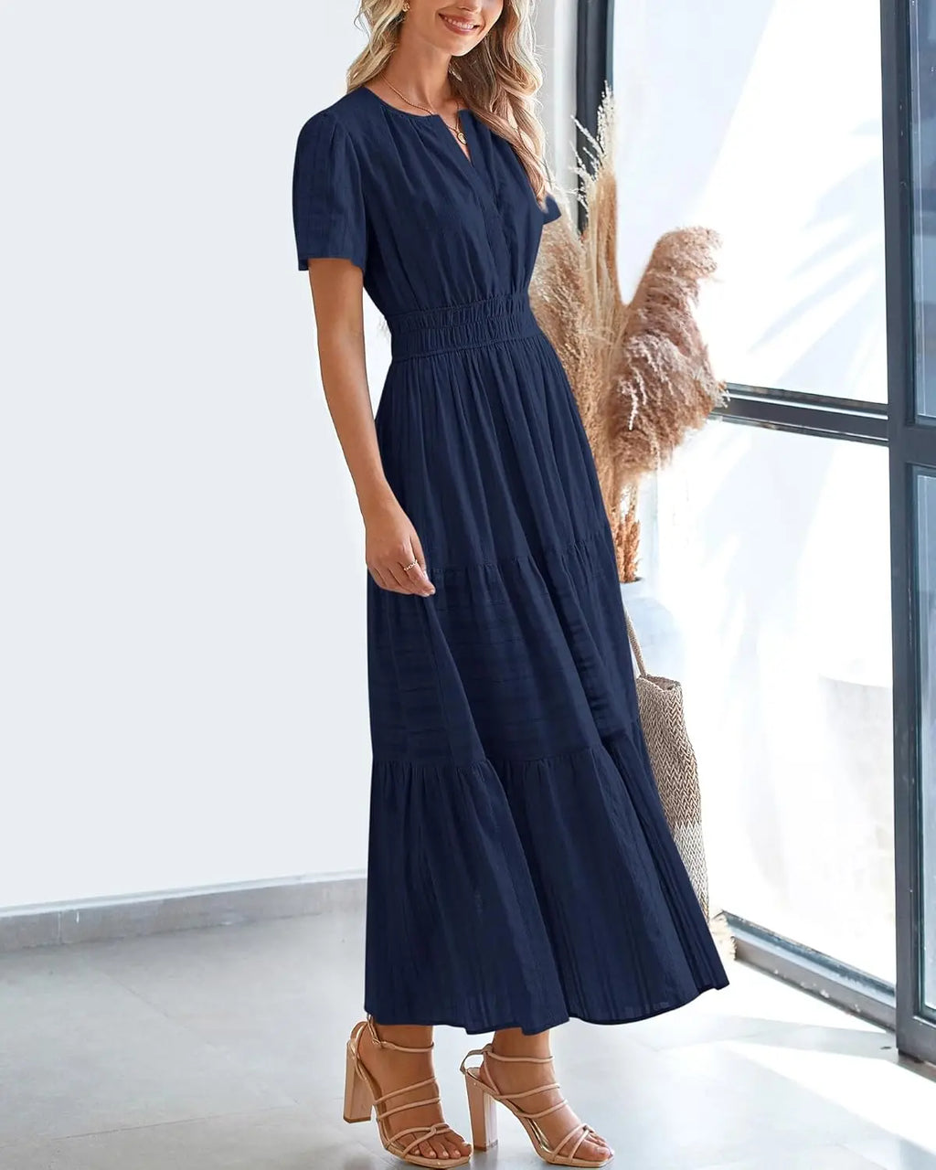Fable™ | Women's Tiered Boho Maxi Dress with Pockets – V-Neck Short Sleeve Elastic Waist Beach Dress oaklynwear