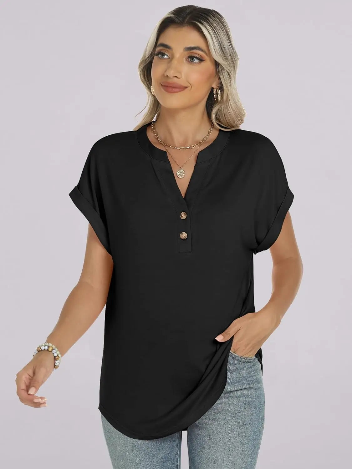 Willa™ | Women's Henley V-Neck Tunic Top – Loose Fit Short Sleeve Blouse for Work & Casual Wear oaklynwear