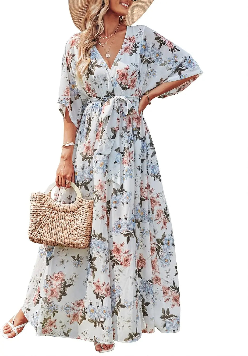 Wrap™ | Women's Boho Floral Wrap Maxi Dress – V-Neck 3/4 Sleeve Belted Slit Beach Wedding Dress oaklynwear