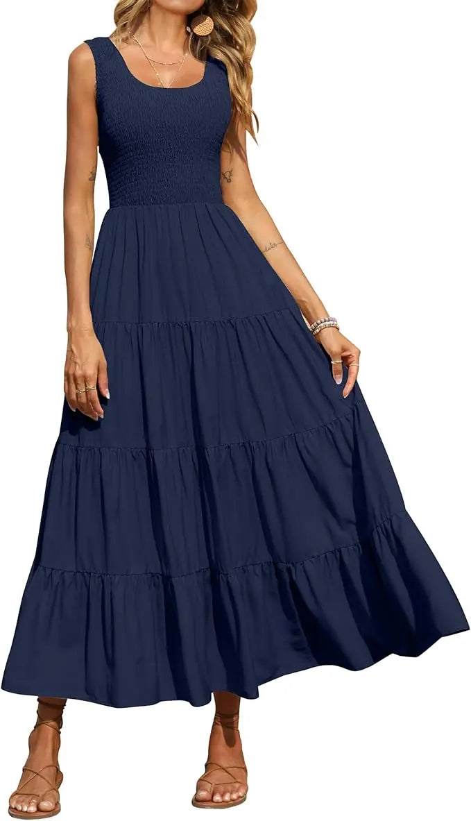Tiara™ | Women's Smocked Tank Tiered Maxi Dress – Sleeveless Flowy A-Line Beach Sundress oaklynwear