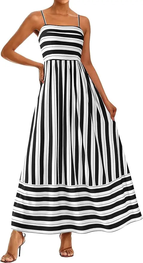 Flora™ | Women's Smocked Boho Floral Maxi Dress – Spaghetti Strap Square Neck Beach Sundress oaklynwear