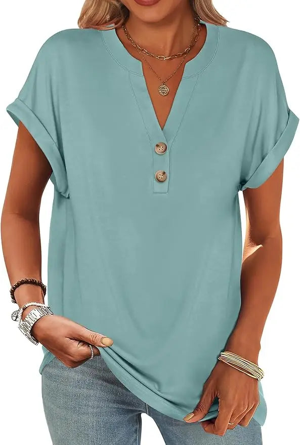 Willa™ | Women's Henley V-Neck Tunic Top – Loose Fit Short Sleeve Blouse for Work & Casual Wear oaklynwear