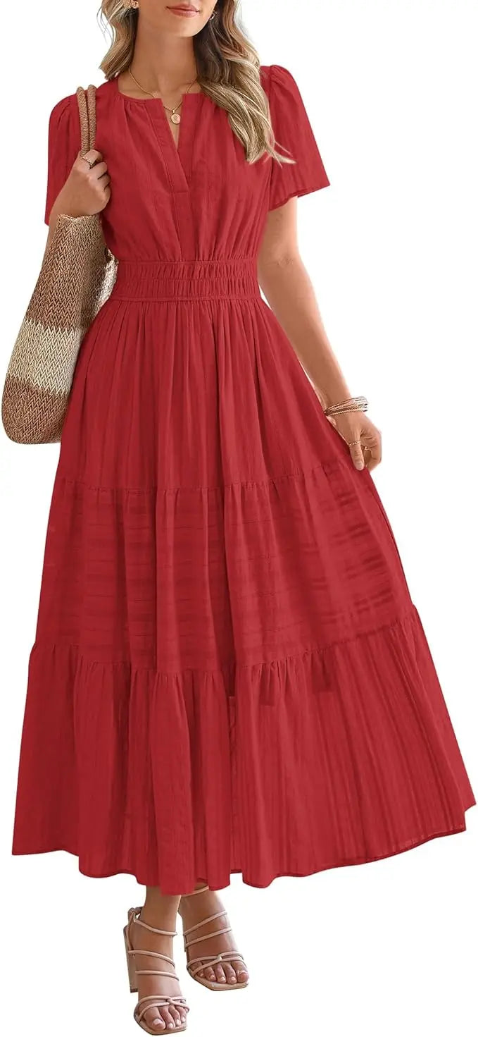 Fable™ | Women's Tiered Boho Maxi Dress with Pockets – V-Neck Short Sleeve Elastic Waist Beach Dress oaklynwear