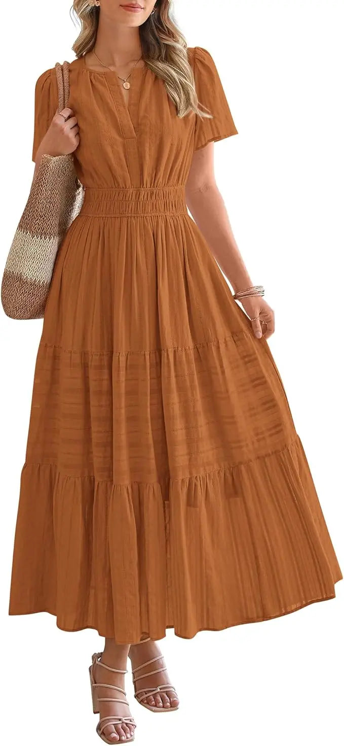 Fable™ | Women's Tiered Boho Maxi Dress with Pockets – V-Neck Short Sleeve Elastic Waist Beach Dress oaklynwear