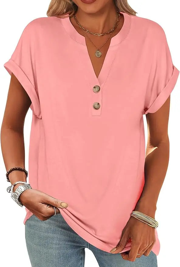 Willa™ | Women's Henley V-Neck Tunic Top – Loose Fit Short Sleeve Blouse for Work & Casual Wear oaklynwear