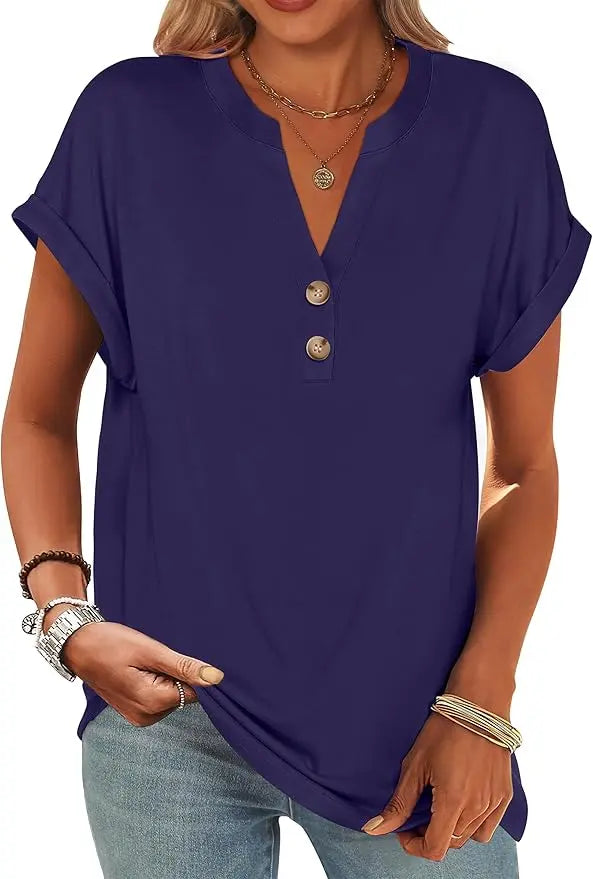 Willa™ | Women's Henley V-Neck Tunic Top – Loose Fit Short Sleeve Blouse for Work & Casual Wear oaklynwear