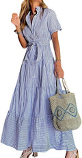 Stripe™ | Women's Striped Button-Down Maxi Shirt Dress – Tie Waist Ruffle Hem A-Line Dress oaklynwear