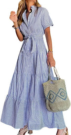 Stripe™ | Women's Striped Button-Down Maxi Shirt Dress – Tie Waist Ruffle Hem A-Line Dress oaklynwear