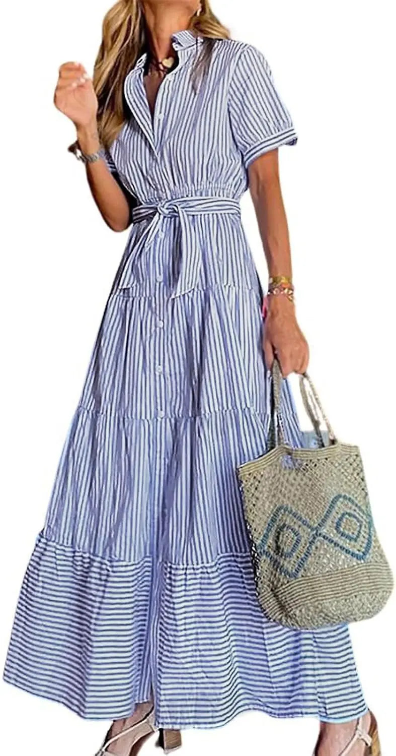 Stripe™ | Women's Striped Button-Down Maxi Shirt Dress – Tie Waist Ruffle Hem A-Line Dress oaklynwear