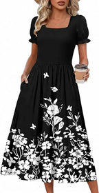 Puff™ | Women's Tiered Midi Dress with Pockets – Square Neck Puff Sleeve Flowy Beach Sundress oaklynwear