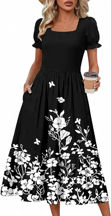 Puff™ | Women's Tiered Midi Dress with Pockets – Square Neck Puff Sleeve Flowy Beach Sundress oaklynwear