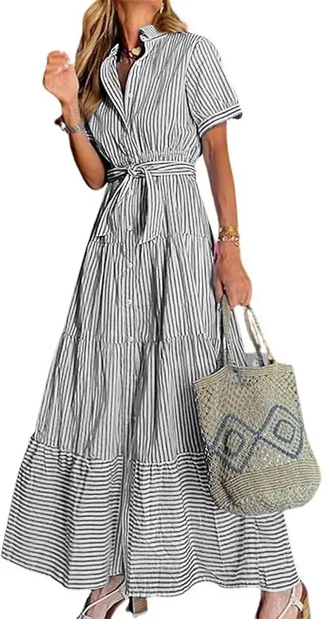 Stripe™ | Women's Striped Button-Down Maxi Shirt Dress – Tie Waist Ruffle Hem A-Line Dress oaklynwear