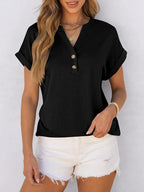Willa™ | Women's Henley V-Neck Tunic Top – Loose Fit Short Sleeve Blouse for Work & Casual Wear oaklynwear