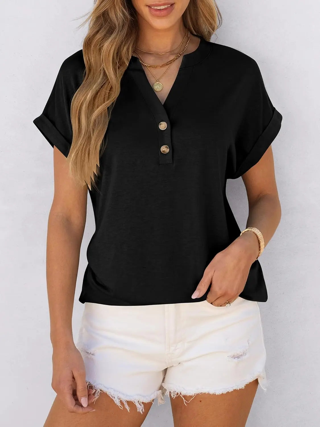 Willa™ | Women's Henley V-Neck Tunic Top – Loose Fit Short Sleeve Blouse for Work & Casual Wear oaklynwear