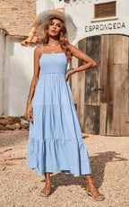 Cami™ | Women's Smocked Tiered Maxi Dress – Spaghetti Strap Elastic Waist Flowy Boho Beach Sundress oaklynwear