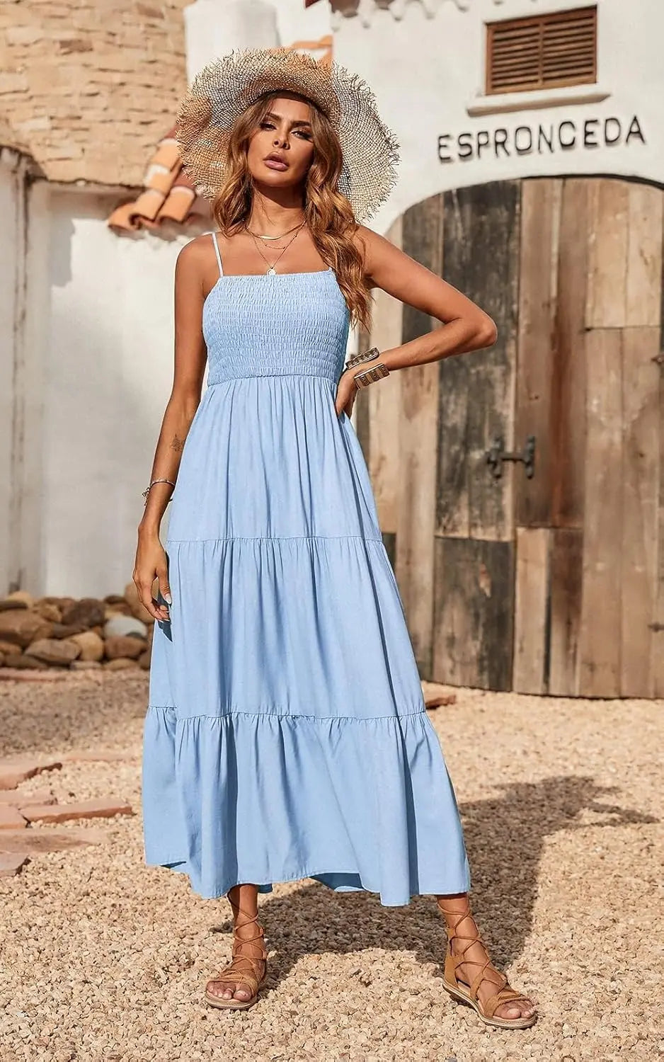 Cami™ | Women's Smocked Tiered Maxi Dress – Spaghetti Strap Elastic Waist Flowy Boho Beach Sundress oaklynwear