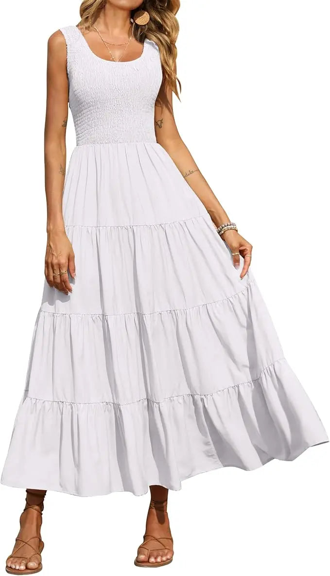 Tiara™ | Women's Smocked Tank Tiered Maxi Dress – Sleeveless Flowy A-Line Beach Sundress oaklynwear