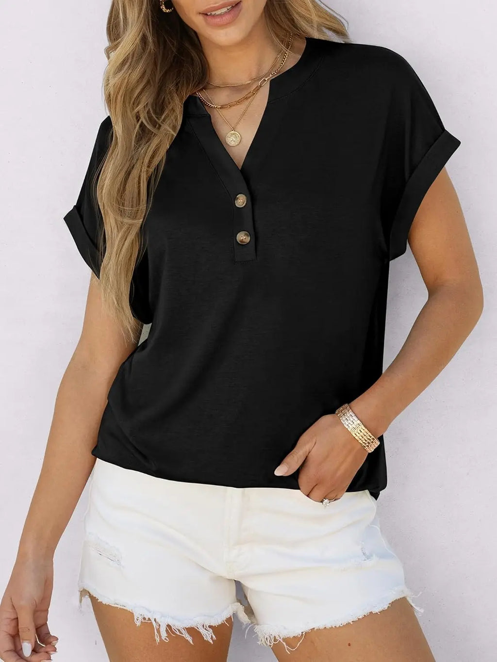 Willa™ | Women's Henley V-Neck Tunic Top – Loose Fit Short Sleeve Blouse for Work & Casual Wear oaklynwear