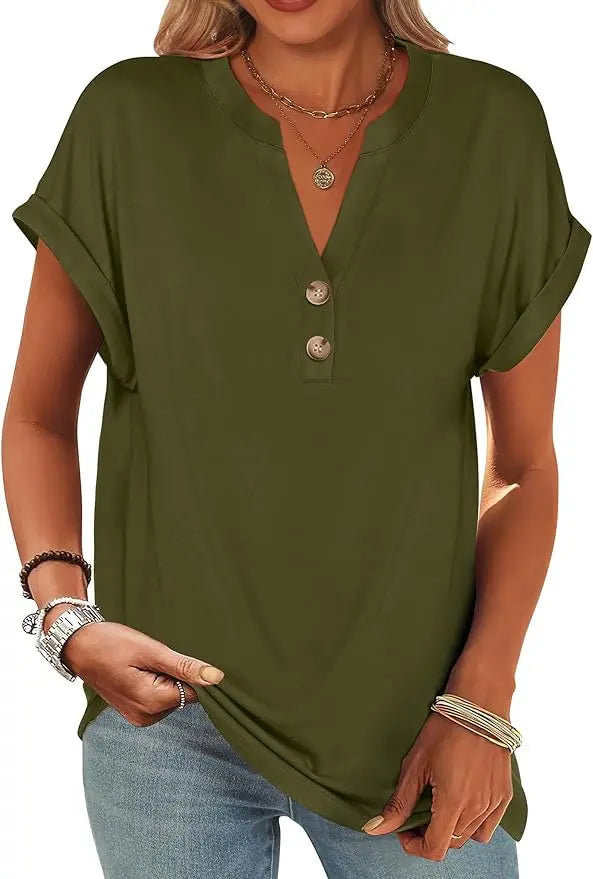 Willa™ | Women's Henley V-Neck Tunic Top – Loose Fit Short Sleeve Blouse for Work & Casual Wear oaklynwear