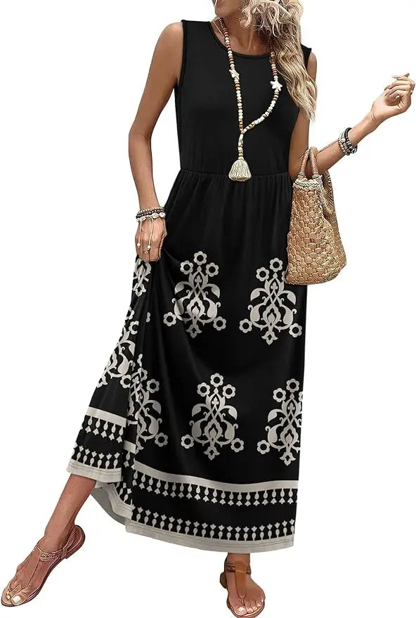 Penny™ | Women's Flowy A-Line Maxi Dress with Pockets – Elastic Waist Sleeveless Beach Sundress oaklynwear