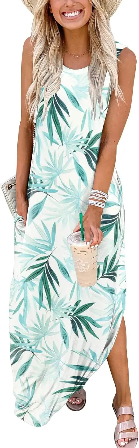 Mavi™ | Women's Sleeveless Maxi Dress – Loose Fit Side Slit Beach Vacation Sundress oaklynwear