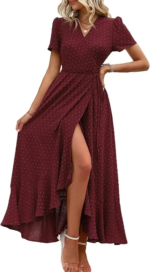 Remi™ | Women's Boho Floral Wrap Maxi Dress – V-Neck Short Sleeve High Split Beach Wedding Dress oaklynwear