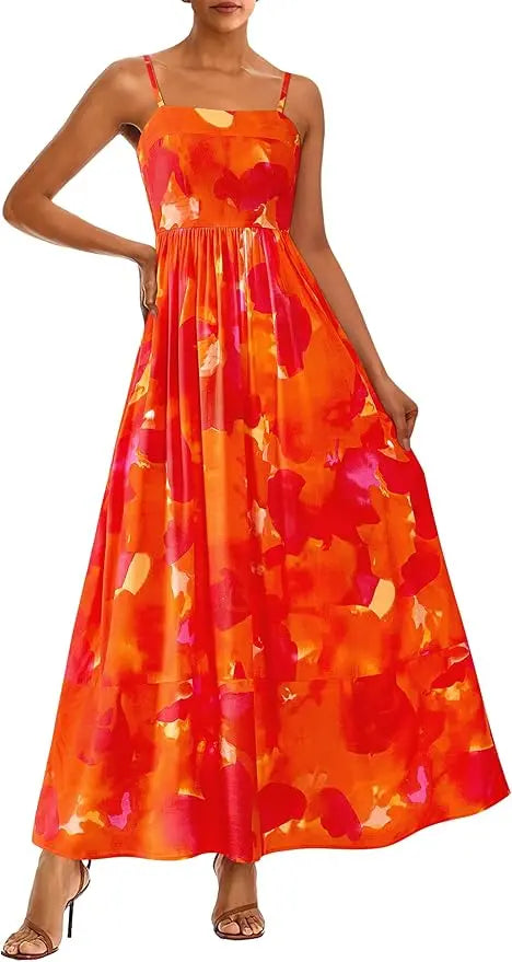 Flora™ | Women's Smocked Boho Floral Maxi Dress – Spaghetti Strap Square Neck Beach Sundress oaklynwear