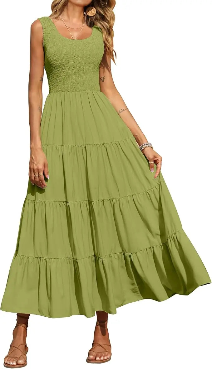 Tiara™ | Women's Smocked Tank Tiered Maxi Dress – Sleeveless Flowy A-Line Beach Sundress oaklynwear