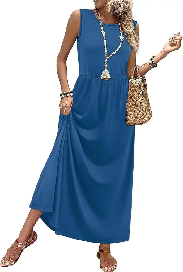 Penny™ | Women's Flowy A-Line Maxi Dress with Pockets – Elastic Waist Sleeveless Beach Sundress oaklynwear