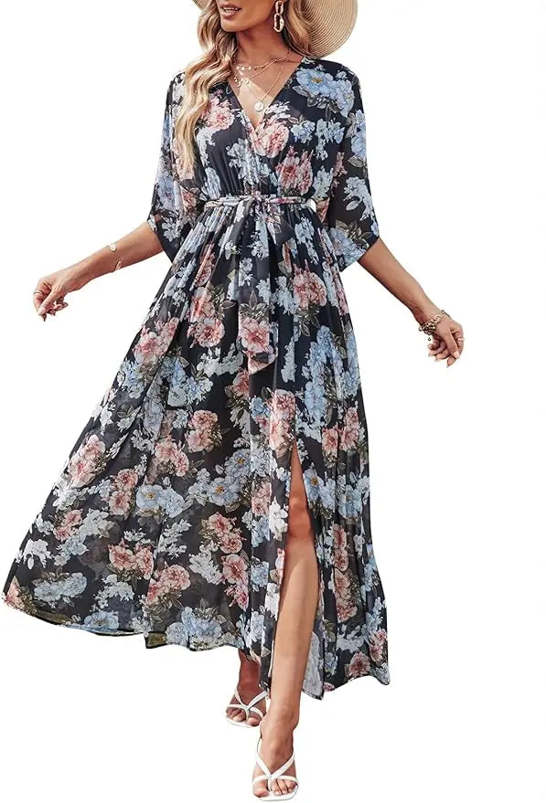 Wrap™ | Women's Boho Floral Wrap Maxi Dress – V-Neck 3/4 Sleeve Belted Slit Beach Wedding Dress oaklynwear
