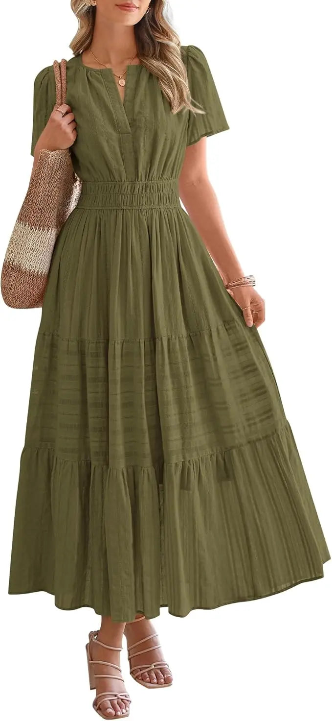 Fable™ | Women's Tiered Boho Maxi Dress with Pockets – V-Neck Short Sleeve Elastic Waist Beach Dress oaklynwear