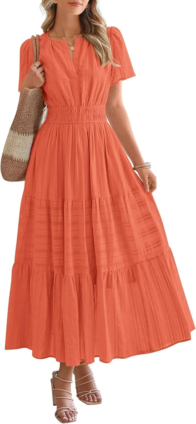 Fable™ | Women's Tiered Boho Maxi Dress with Pockets – V-Neck Short Sleeve Elastic Waist Beach Dress oaklynwear
