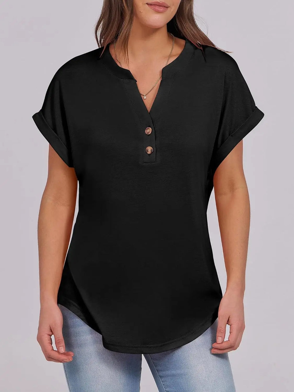 Willa™ | Women's Henley V-Neck Tunic Top – Loose Fit Short Sleeve Blouse for Work & Casual Wear oaklynwear